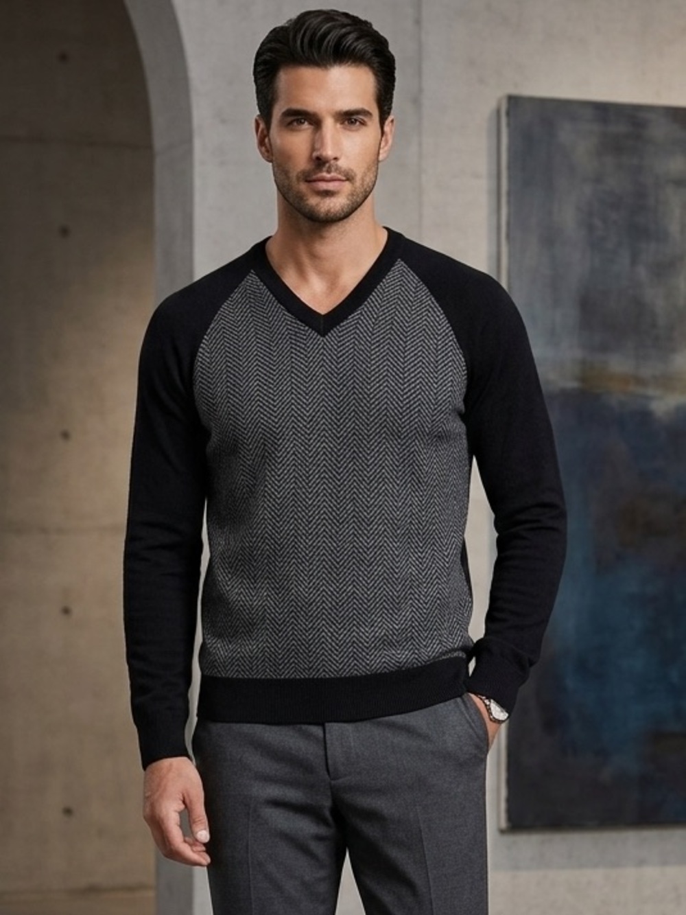 Take 50% OFF- Perry Ellis Black Houndstooth V-Neck Sweater - Men,Size-M